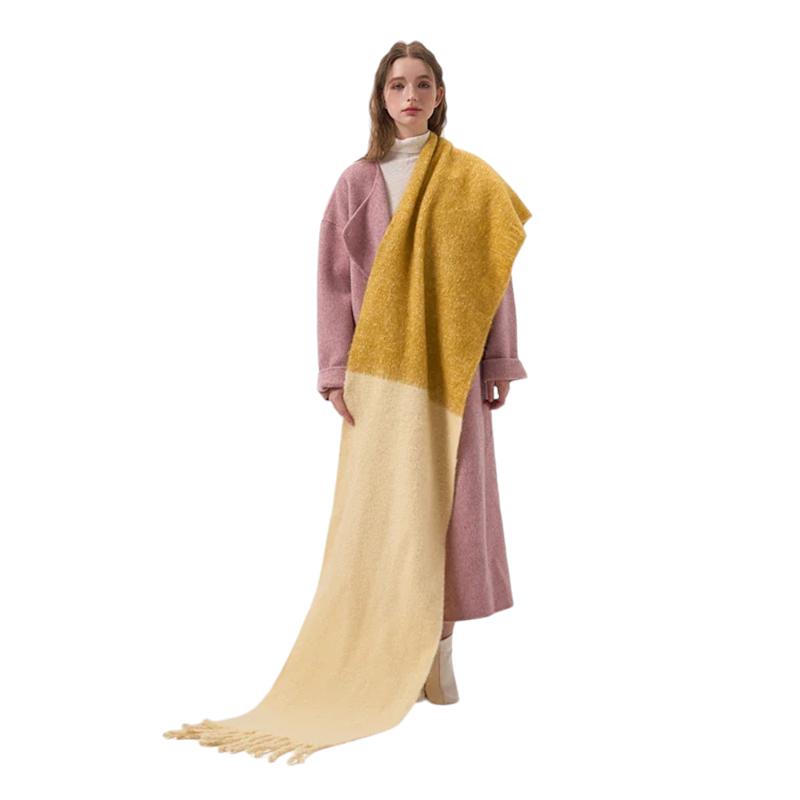 Grosse Echarpe Plaid Femme Jaune Moutarde et Beige Clair 45x240cm