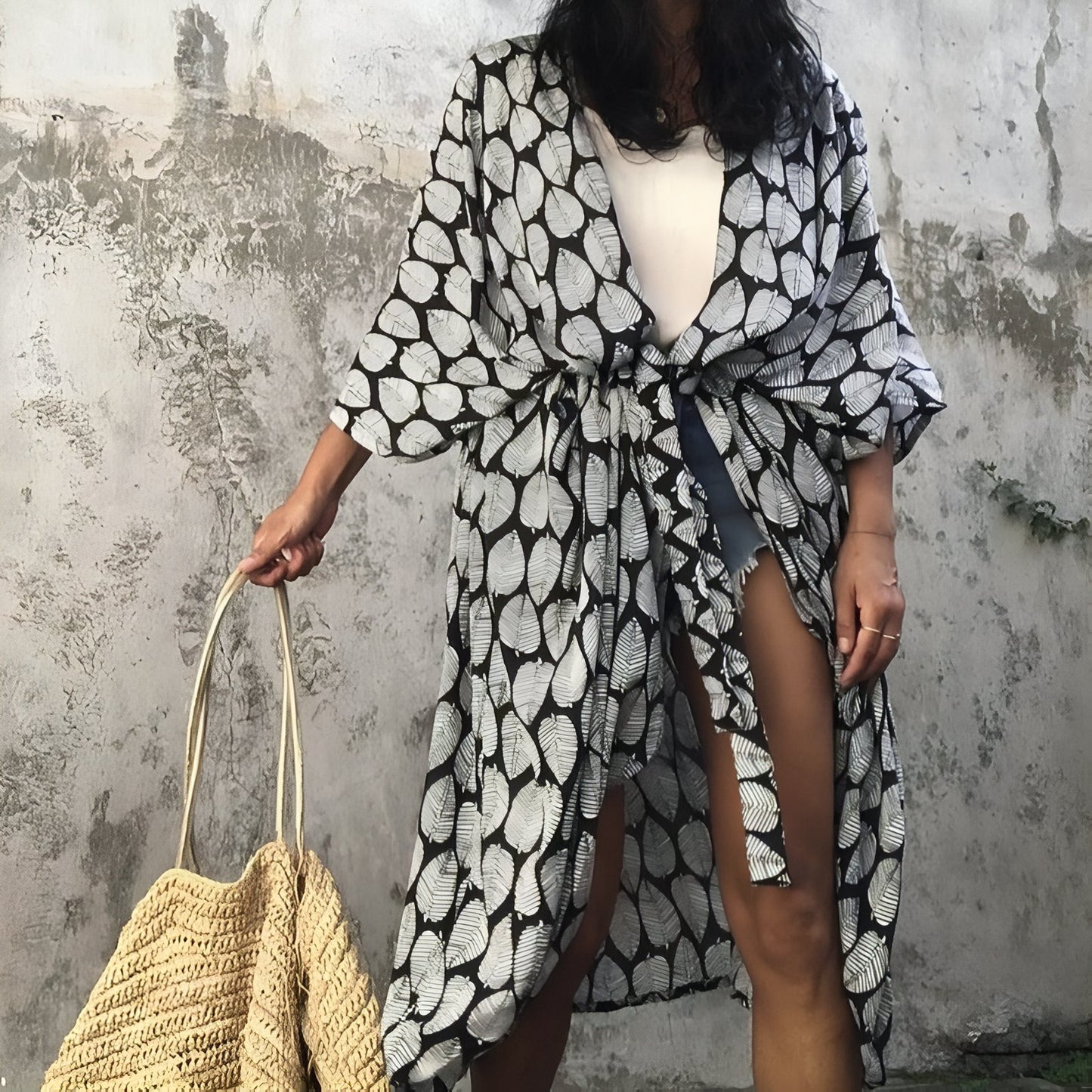 Long Kimono de Plage à Imprimé Graphique