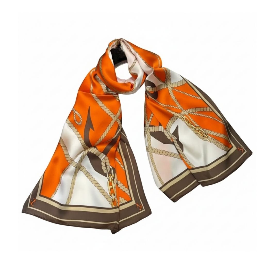 Echarpe Soie Femme Luxe - Orange et Blanc - 175*53cm
