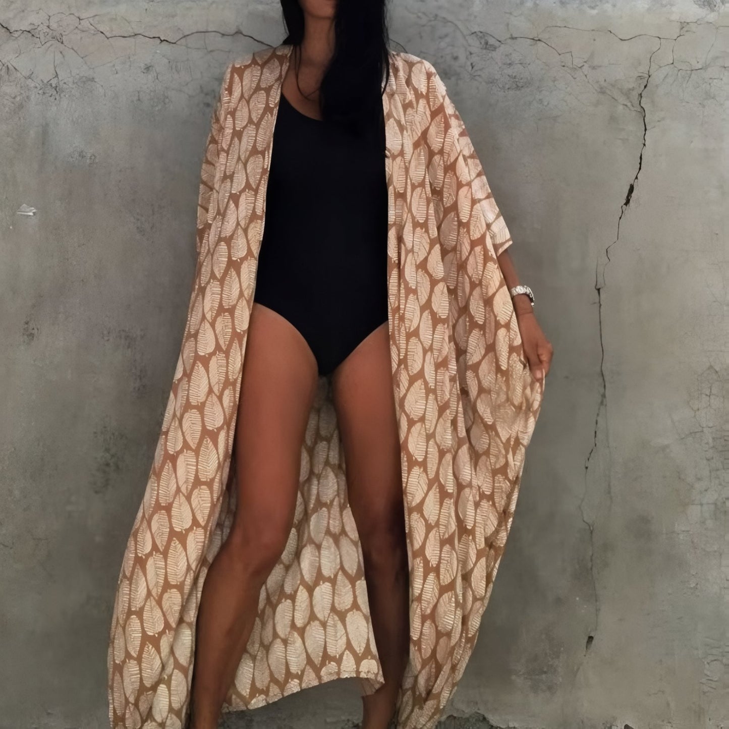 Long Kimono de Plage à Imprimé Graphique