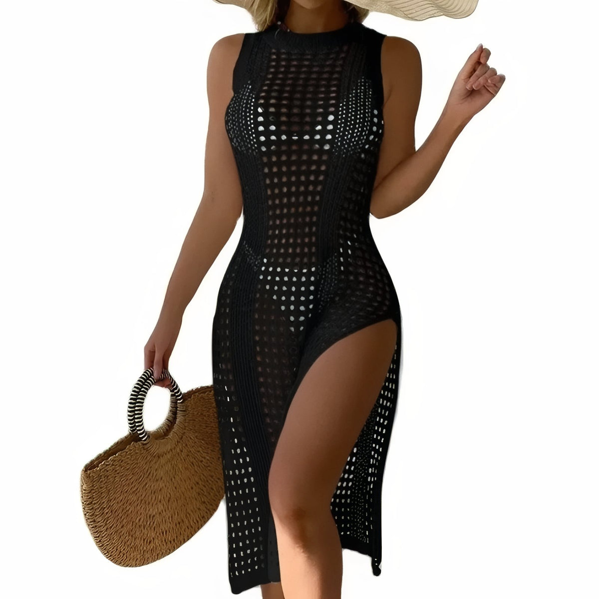 Robe de Plage Ajourée en Maille - Noir - Unique