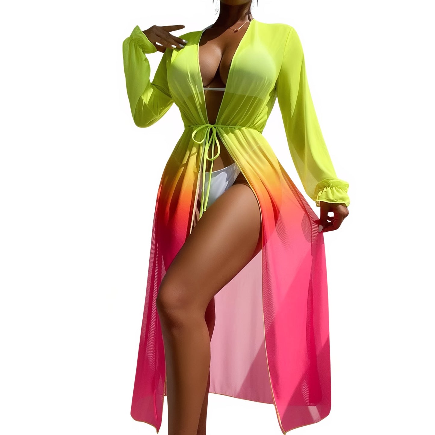 Longue Robe Kimono de Plage Transparente Flashy - Jaune et Rose