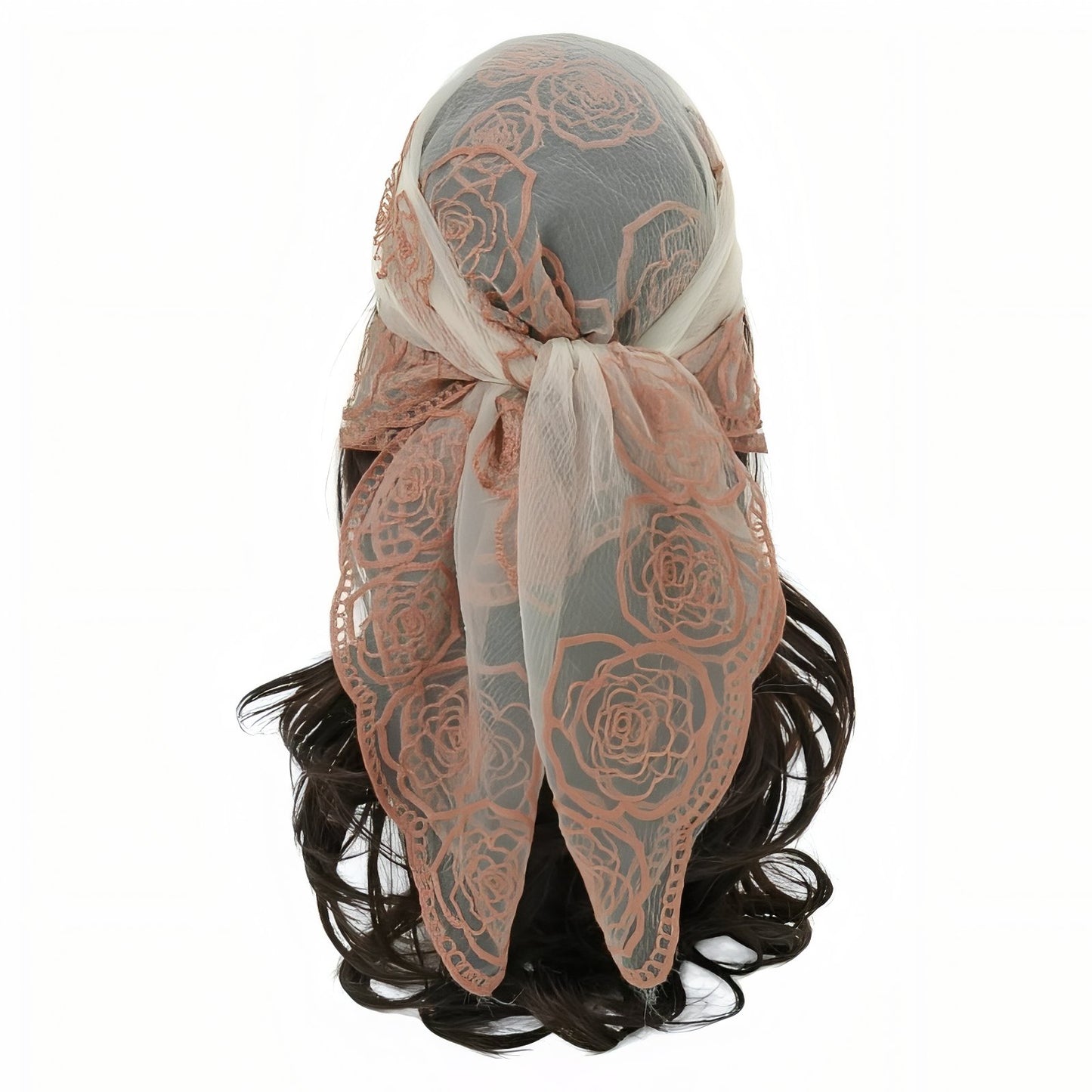 Foulard Cheveux Dentelle - Beige et Corail - 80*80cm