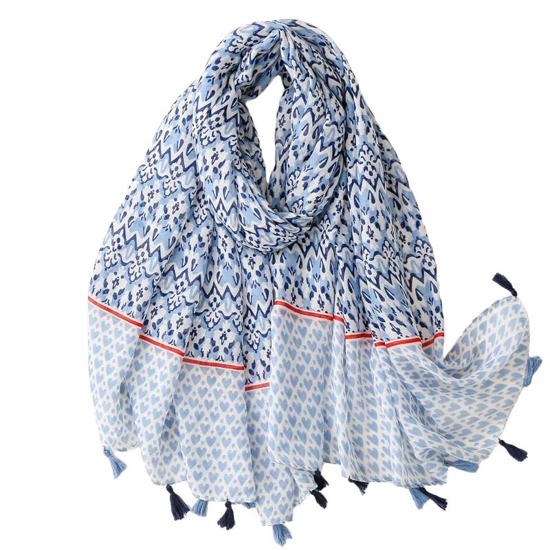 Foulard Chèche Femme Bleu Azur et Blanc 180*90cm