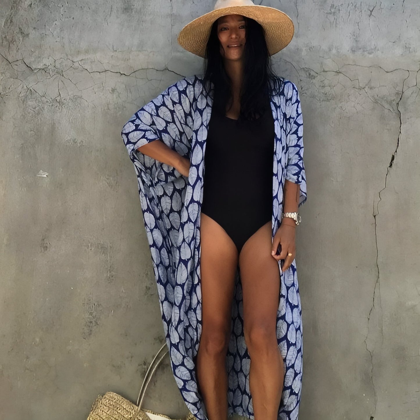 Long Kimono de Plage à Imprimé Graphique
