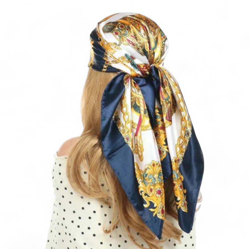 Foulard pour Cheveux Carré Bleu Marine et Jaune Or 90*90cm
