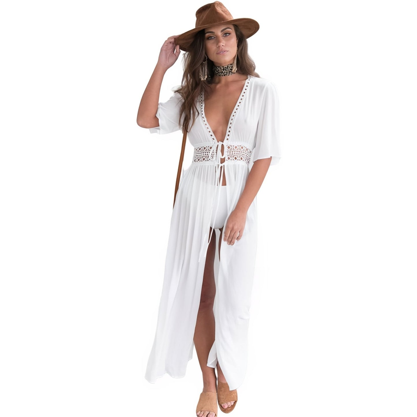 Paréo Kimono Long avec Ceinture en Dentelle - Blanc
