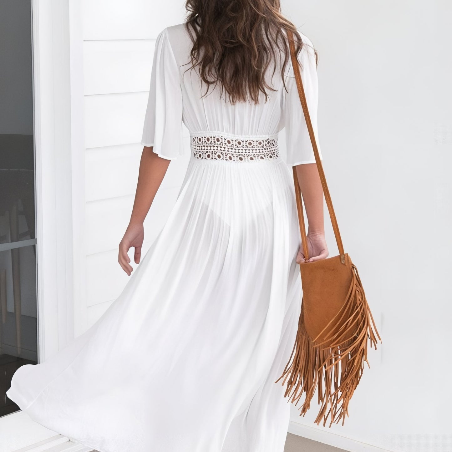 Paréo Kimono Long avec Ceinture en Dentelle