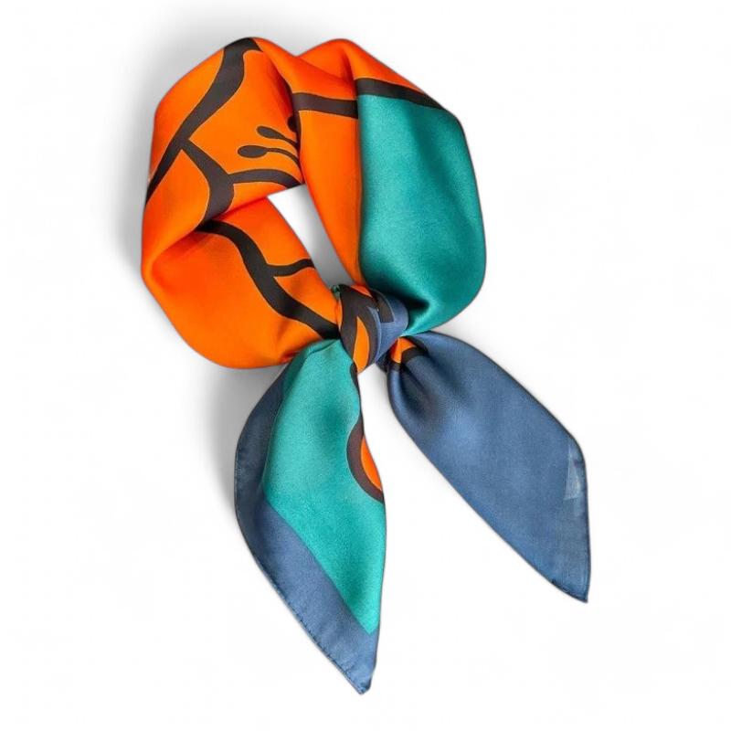 Petit Foulard Carré Couleur Orange et Vert Émeraude 70*70cm