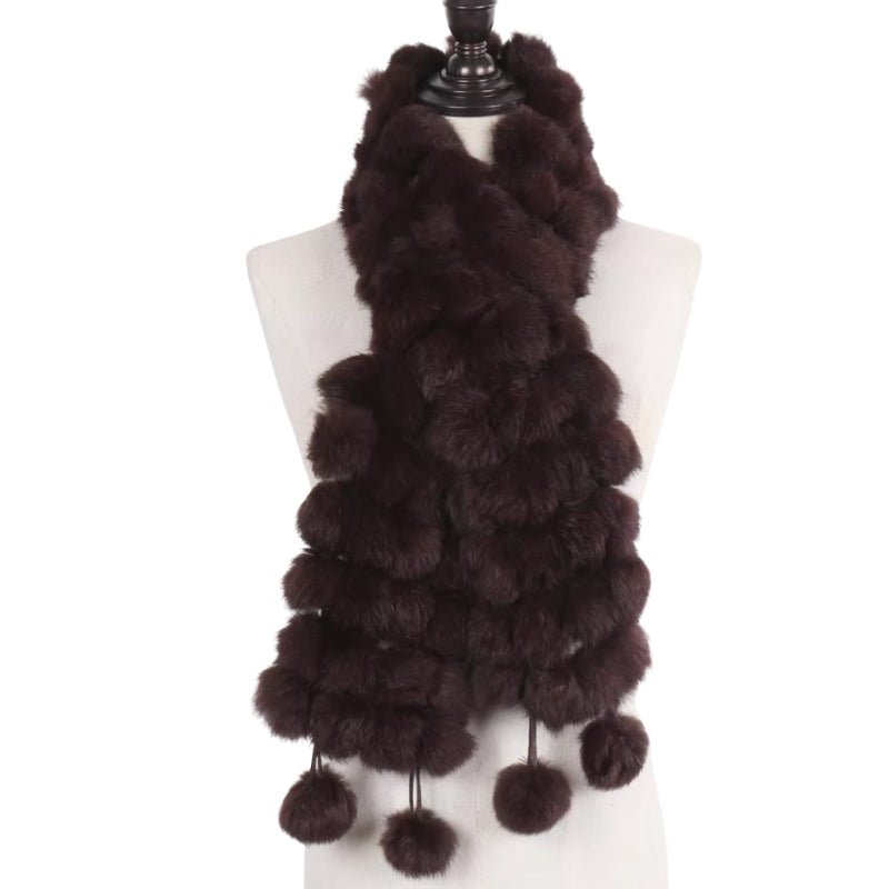 Echarpe Pompon Fourrure Marron Foncé 12*125cm