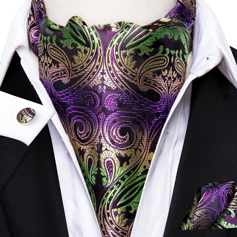 Cravate Ascot Soie Violet et Vert Émeraude