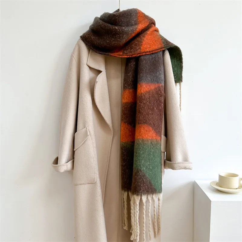 Grande Écharpe Femme Cachemire Orange et Vert Forêt 42*220cm