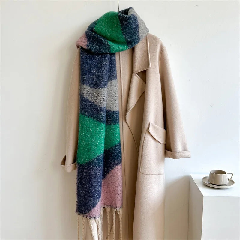 Grande Écharpe Femme Cachemire Vert Émeraude et Rose Poudré 42*220cm