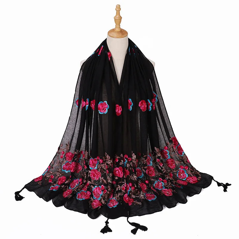 Echarpe Brodée Fleurs Noir et Fuchsia 80*180cm