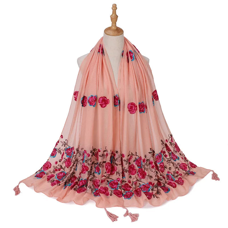 Echarpe Brodée Fleurs Pêche et Fuchsia 80*180cm