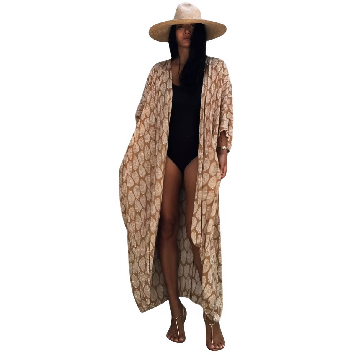 Long Kimono de Plage à Imprimé Graphique - Beige - Unique