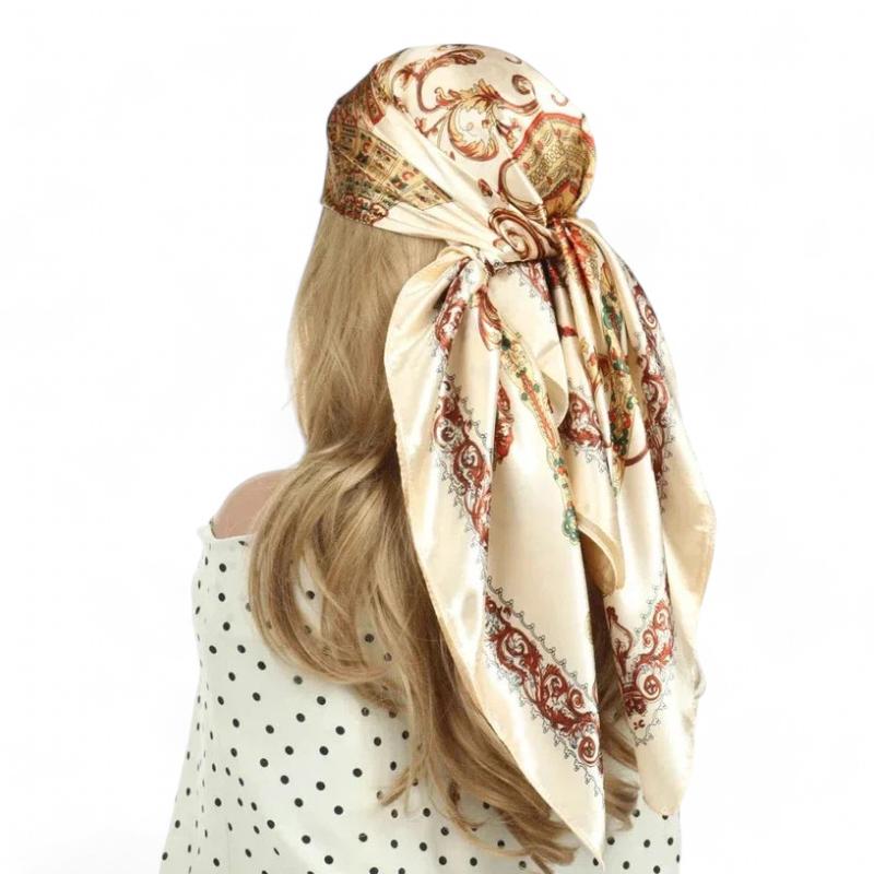 Foulard pour Mettre Dans Les Cheveux Beige et Rouge 90*90cm