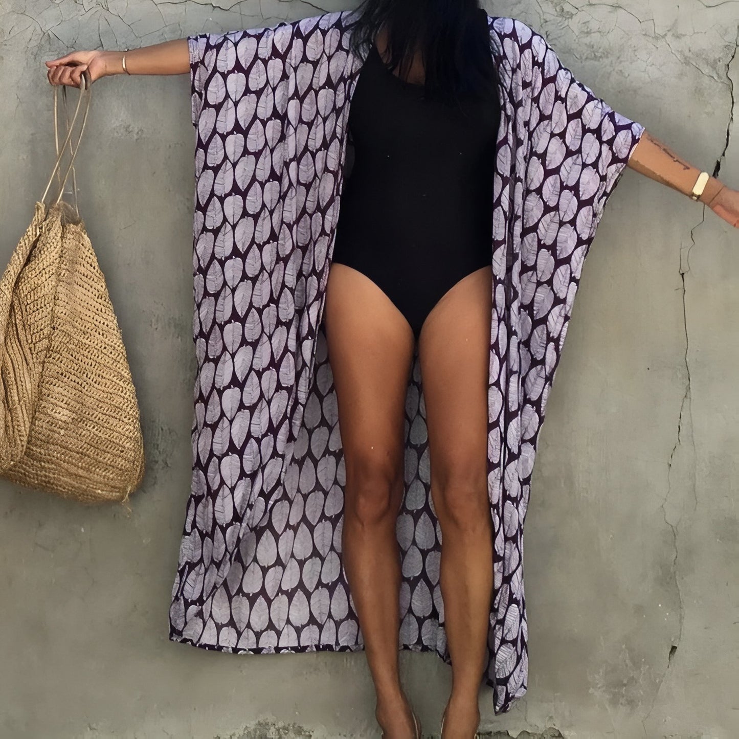 Long Kimono de Plage à Imprimé Graphique