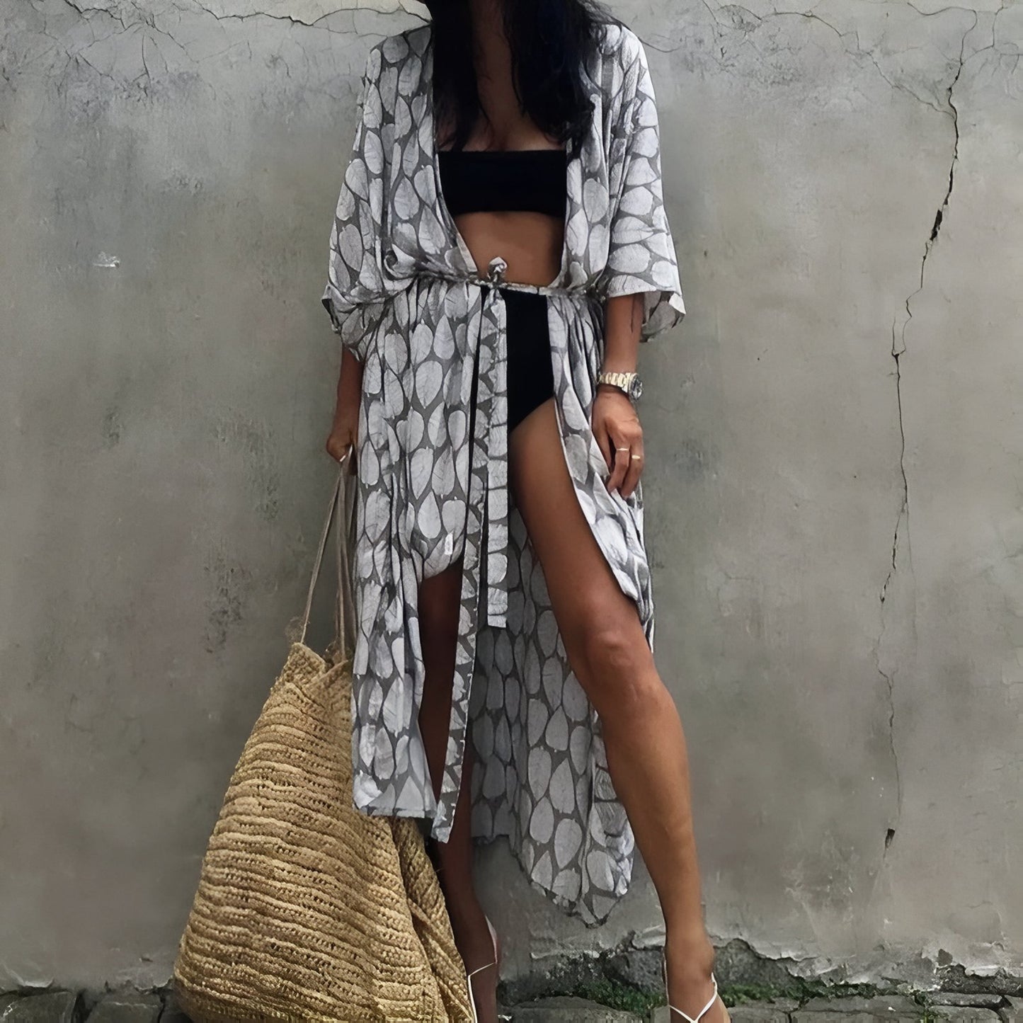 Long Kimono de Plage à Imprimé Graphique
