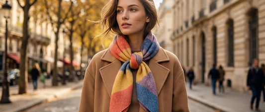 Femme portant une grande écharpe nouée en nœud parisien sur un manteau camel
