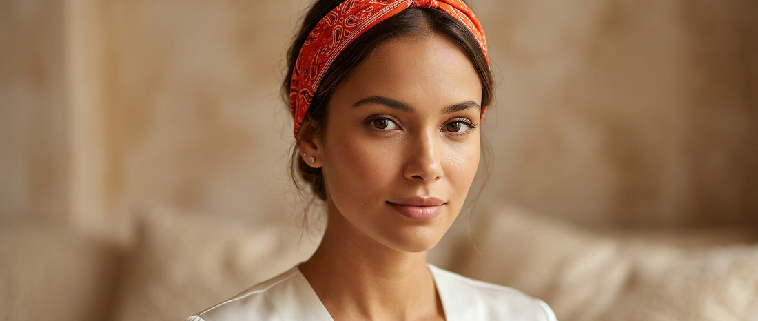 Femme portant un bandana noué en bandeau dans les cheveux