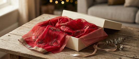 Foulard en soie offert dans une boîte cadeau ouverte avec papier de soie et ruban