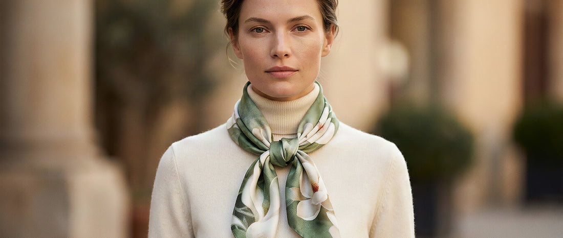 Femme portant un foulard en soie noué élégamment autour du cou