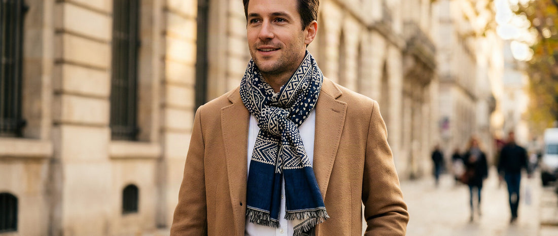 Homme portant un foulard homme en coton noué autour du cou avec un manteau camel