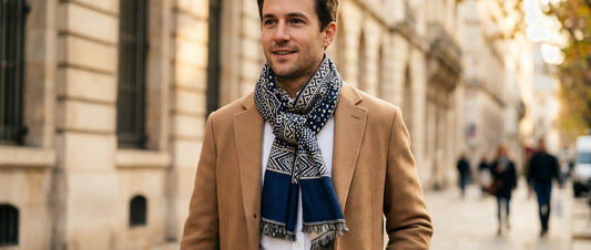Homme portant un foulard homme en coton noué autour du cou avec un manteau camel