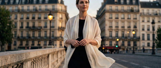 Femme portant une étole en mousseline drapée sur les épaules avec une robe de soirée