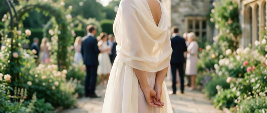 Femme élégante portant une étole en mousseline drapée sur les épaules à un mariage