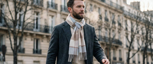 Homme portant une écharpe homme en laine à carreaux nouée en nœud parisien sur un manteau d'hiver