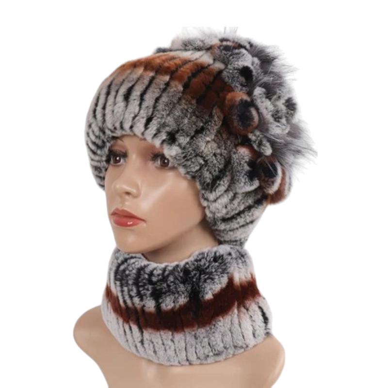 Bonnet Et Echarpe Fourrure Gris et Marron Rayé 