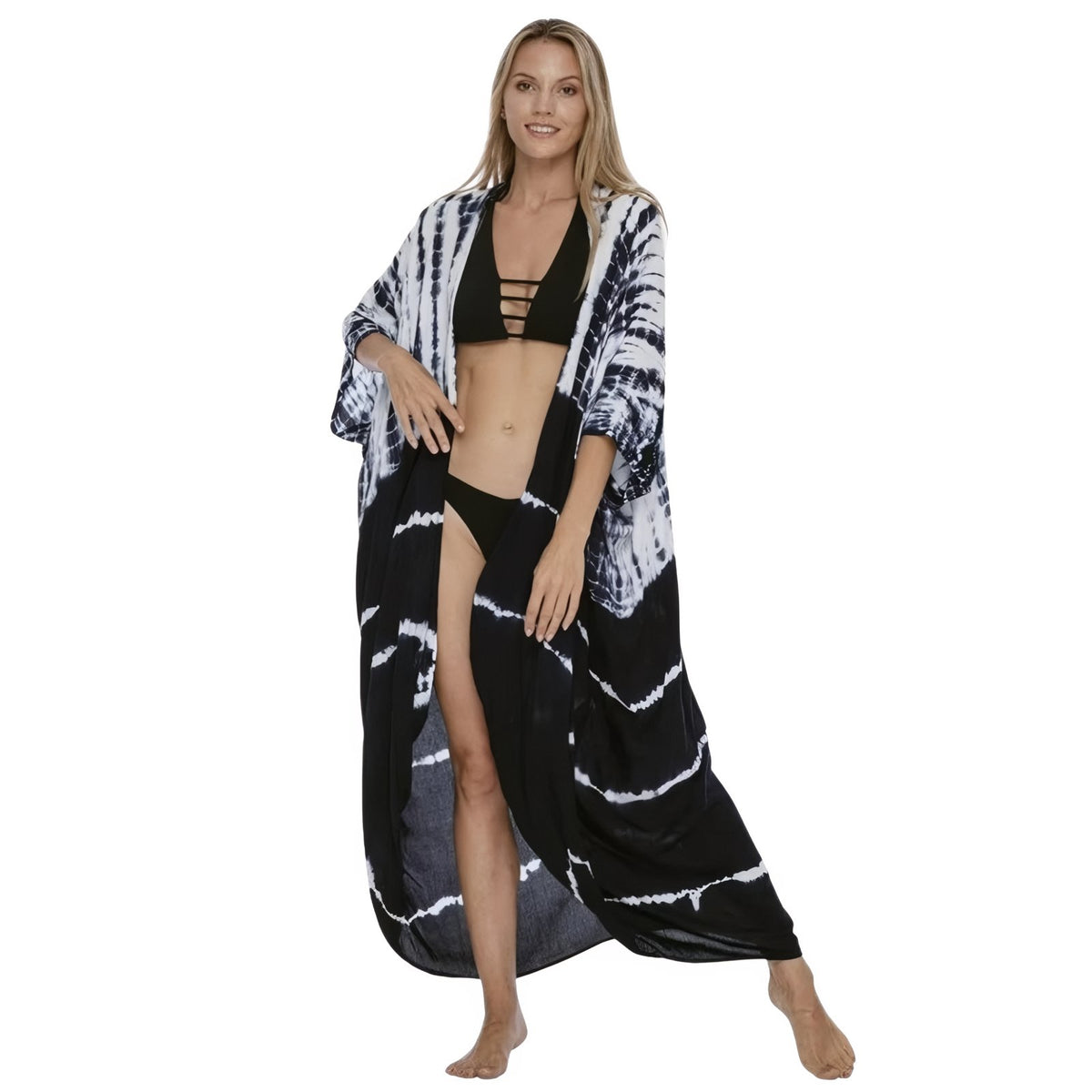 Kimono Tie and Dye à Manches Chauve Souris portée à la main - Bleu marine et Blanc - Gris et Bleu - Bleu et Blanc - Jaune - Bleu Marine et Bleu Azur
