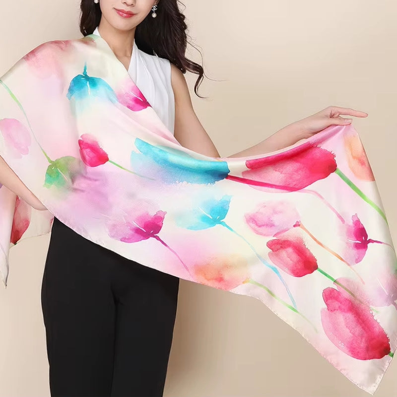 Écharpe Soie Femme Tendance portée à la main - Rose et Vert Menthe - Gris et Noir - Violet et Rose Pâle - Rose Pâle et Beige - Rose Poudré et Beige Clair - Gris et Rose Fuchsia - Jaune Doré et Bleu Ciel - Rouge et Noir - Vert Émeraude et Rose Pâle - Rose et Gris Foncé - Fuchsia et Bordeaux - Jaune Pâle et Rose Fuchsia - Rose Clair et Rose Foncé - Rose Clair et Vert Aqua - Blanc et Rouge