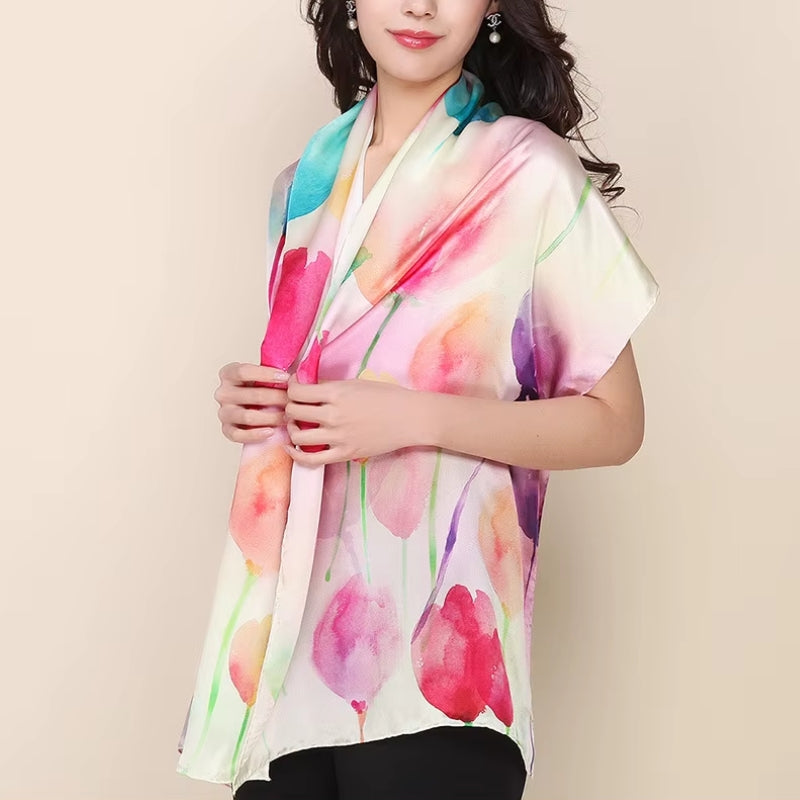 Écharpe Soie Femme Tendance portée sur les épaules - Rose et Vert Menthe - Gris et Noir - Violet et Rose Pâle - Rose Pâle et Beige - Rose Poudré et Beige Clair - Gris et Rose Fuchsia - Jaune Doré et Bleu Ciel - Rouge et Noir - Vert Émeraude et Rose Pâle - Rose et Gris Foncé - Fuchsia et Bordeaux - Jaune Pâle et Rose Fuchsia - Rose Clair et Rose Foncé - Rose Clair et Vert Aqua - Blanc et Rouge