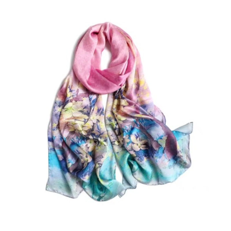 Écharpe Soie Femme Tendance - Rose Clair et Vert Aqua - 172*55cm