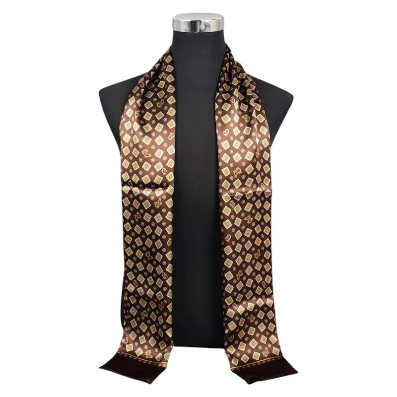 Echarpe Soie Homme à Motif Cachemire - Marron et Or - 160*26cm