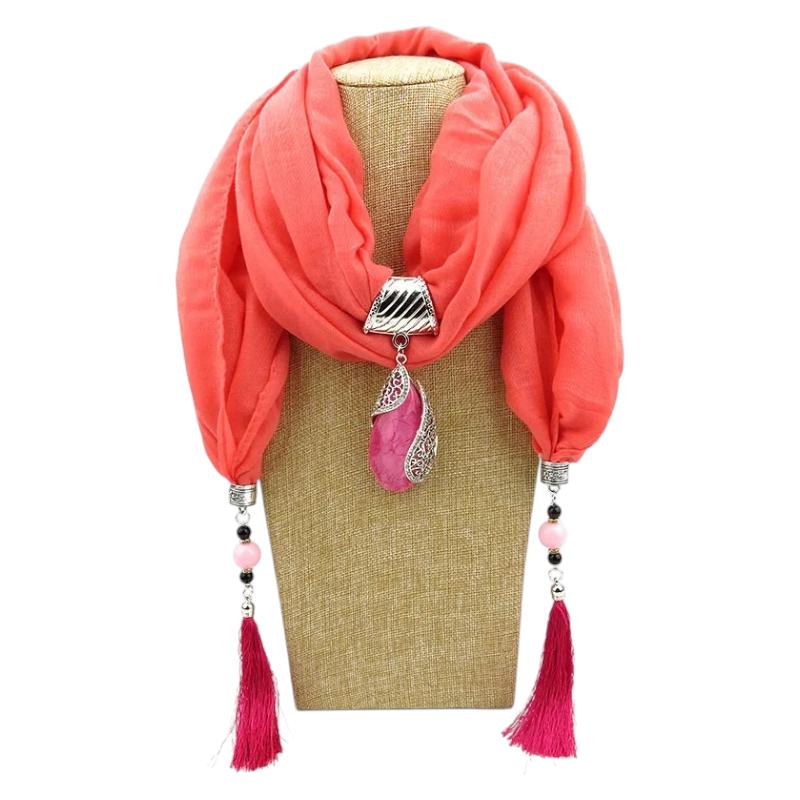 Chèche avec Bijoux - Corail et Fuchsia - 180*50cm
