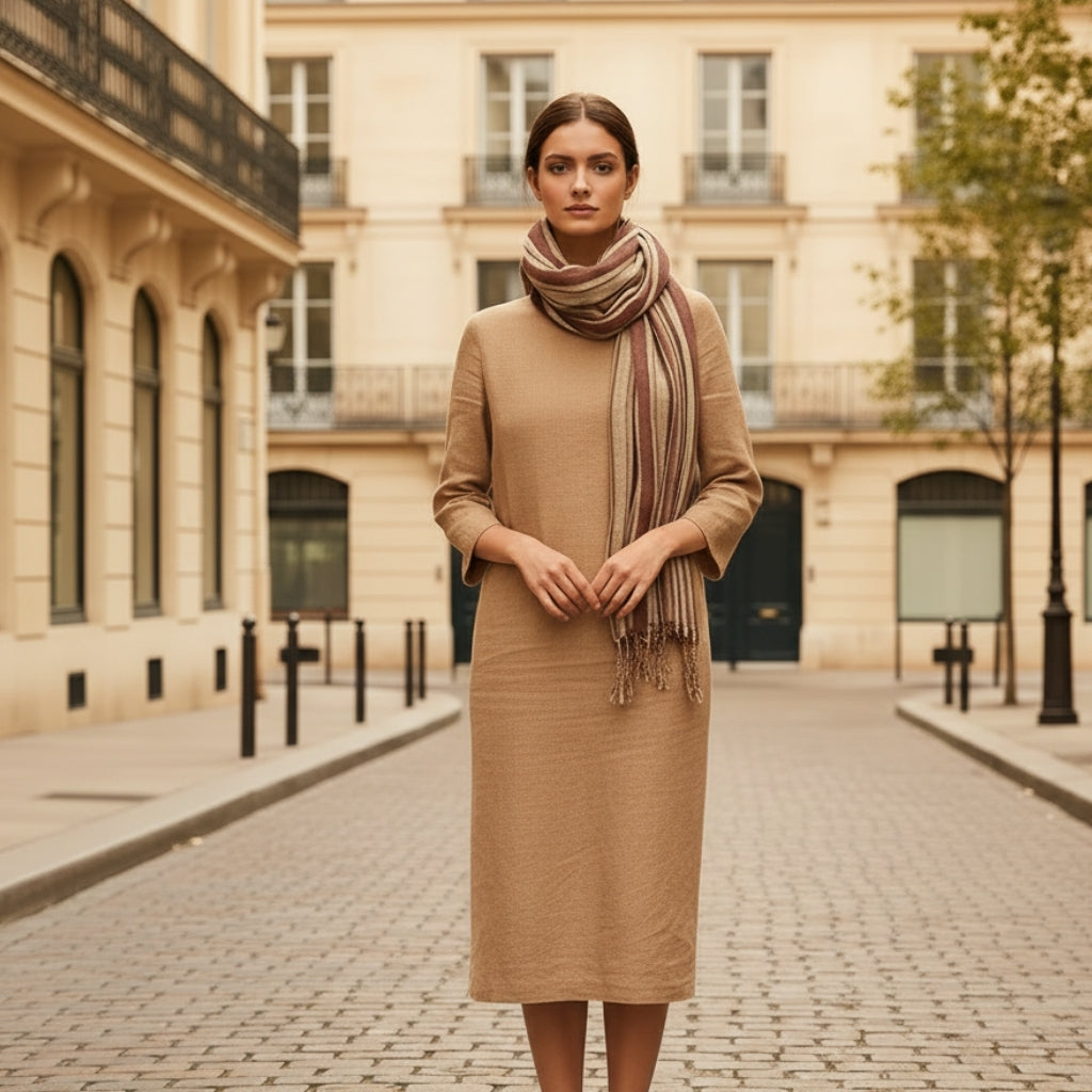 Echarpe Coton et Lin portée autour du cou - Rose et Olive - Marron et Beige - Gris Clair et Crème - Jaune et Blanc - Gris Foncé et Blanc