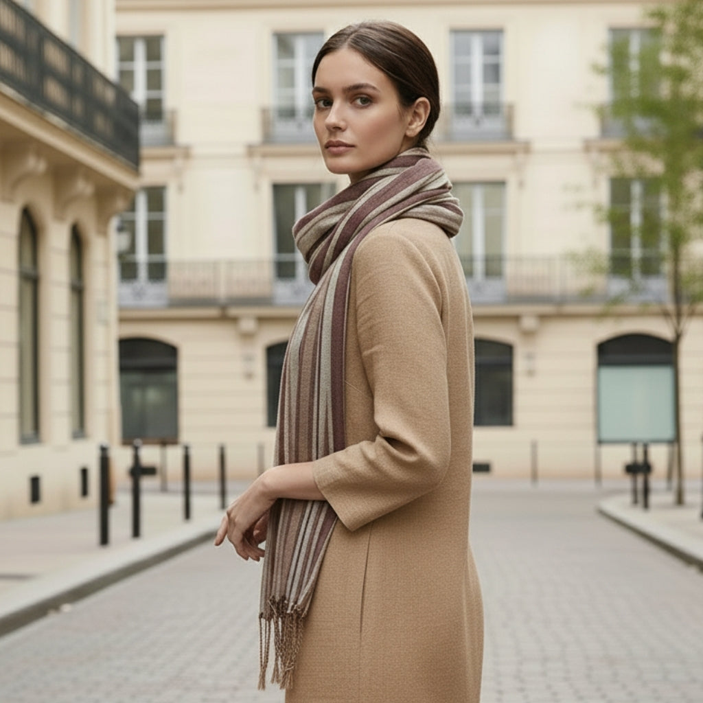 Echarpe Coton et Lin portée à la main - Rose et Olive - Marron et Beige - Gris Clair et Crème - Jaune et Blanc - Gris Foncé et Blanc