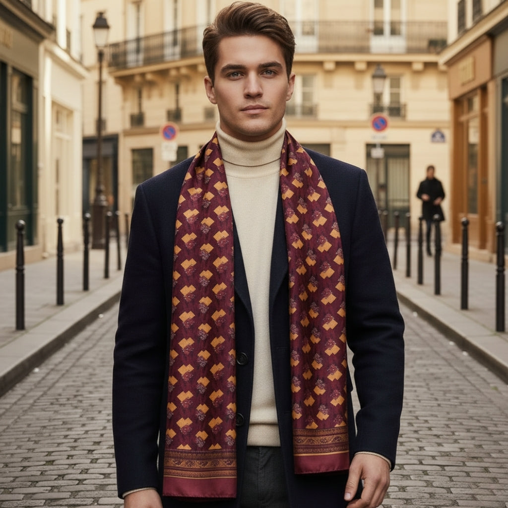 Foulard de Cou en Soie pour Homme portée autour du cou - Bordeaux et Moutarde - Bleu et Jaune - Bordeaux et Ornementé - Navy et Or - Noir et Rouge - Bordeaux et Orné - Bleu Marine et Doré - Doré et Rouge - Noir à Pois - Navy et Rouge - Bleu et Orné - Marron et Or - Or et Noir - Noir Rouge et Vert - Gris et Bleu