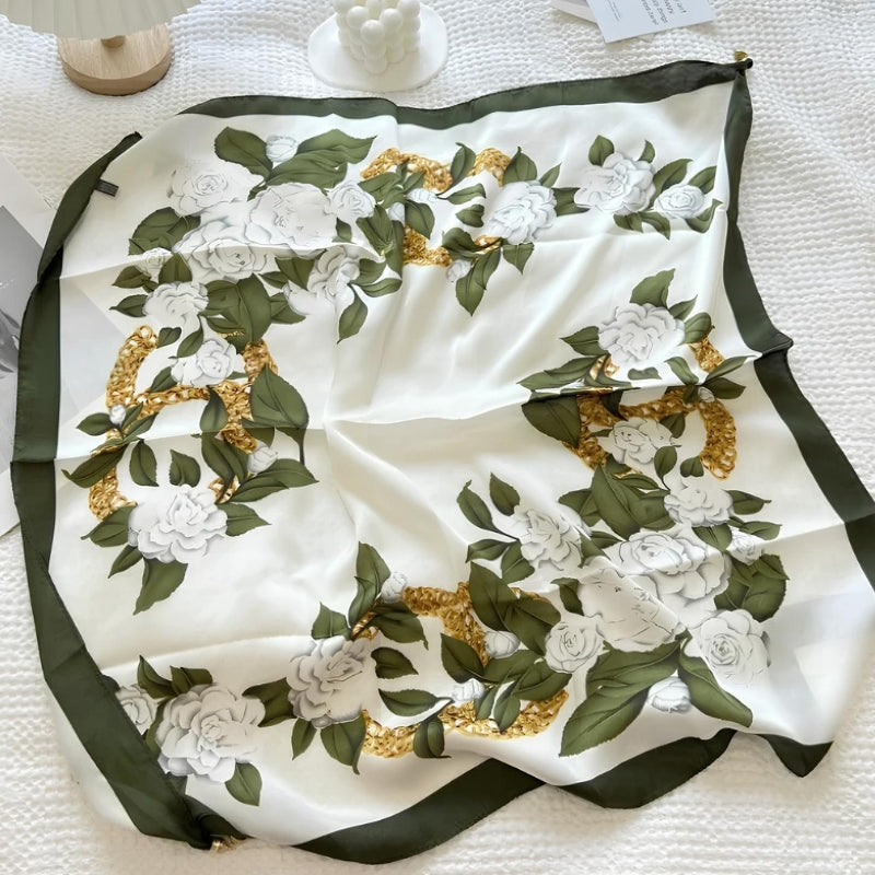 Chèche Foulard Breloques mise en scène florale - Beige et Moutarde - Orange et Beige - Vert Foncé et Blanc - Rose Pâle et Corail - Crème et Vert Olive - Beige et Noir - Orange Pied de Poule - Violet à Pois - Bleu à Pois - Beige et Blanc - Noir et Blanc - Blanc et Bleu - Marron Fleuri - Rose et Orange