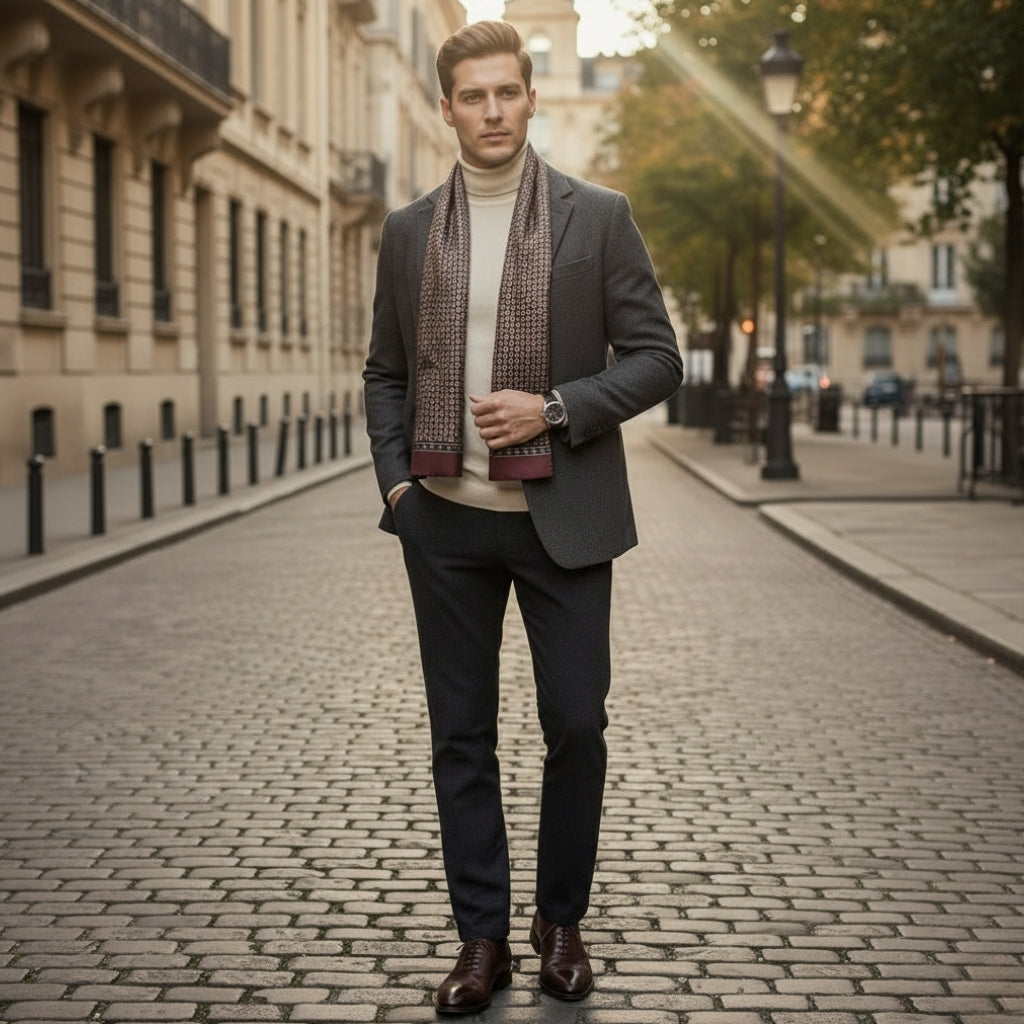 Echarpe Soie Homme à Motif Cachemire portée en extérieur - Bordeaux et Beige - Marron et Bleu Marine - Noir et Bleu Pailleté - Bleu Nuit et Or - Marron et Or - Noir et Or - Marron et Beige - Gris et Bleu Marine - Bleu Marine et Doré - Bleu Marine et Argent