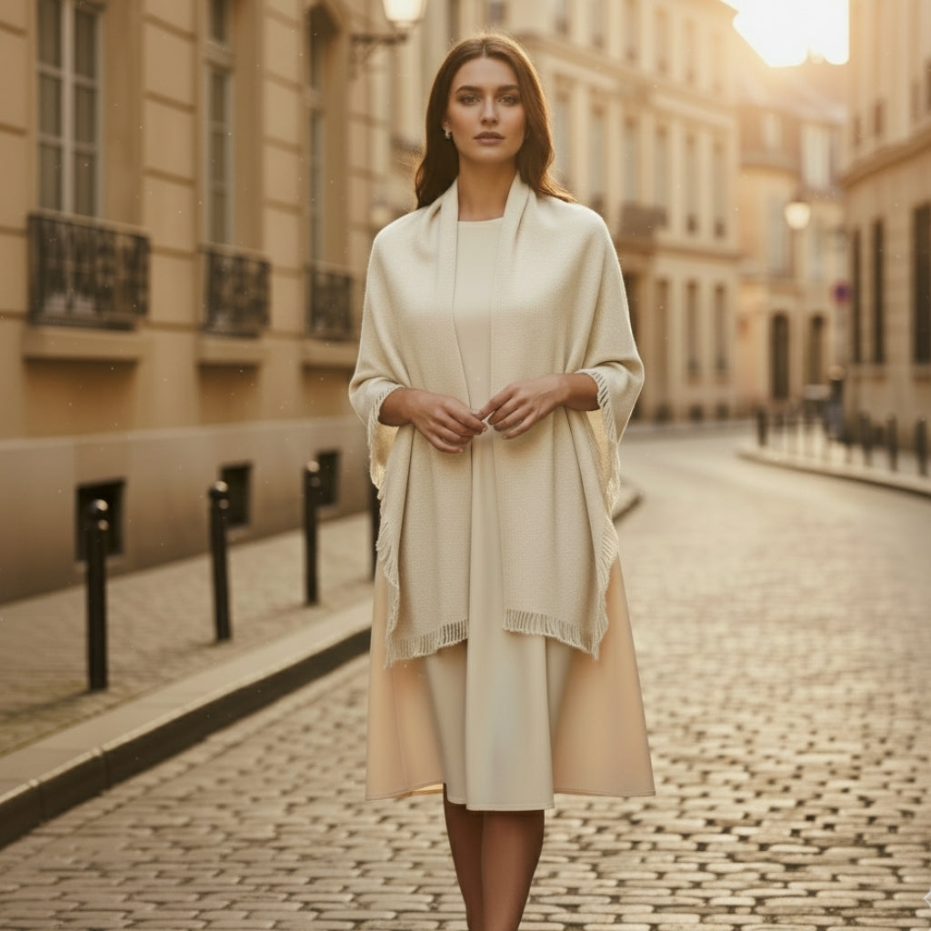 Etole Beige en Cachemire portée sur une rue - Beige