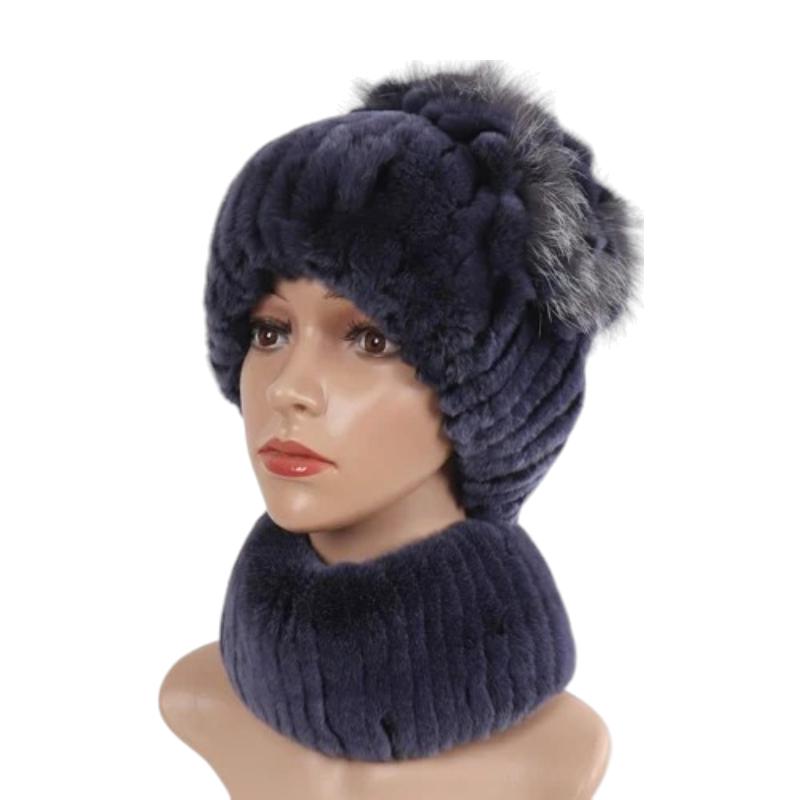 Bonnet Et Echarpe Fourrure Bleu Nuit 