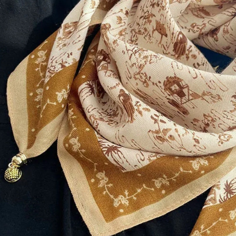 Chèche Foulard Breloques gros plan motif et breloque - Beige et Moutarde - Orange et Beige - Vert Foncé et Blanc - Rose Pâle et Corail - Crème et Vert Olive - Beige et Noir - Orange Pied de Poule - Violet à Pois - Bleu à Pois - Beige et Blanc - Noir et Blanc - Blanc et Bleu - Marron Fleuri - Rose et Orange