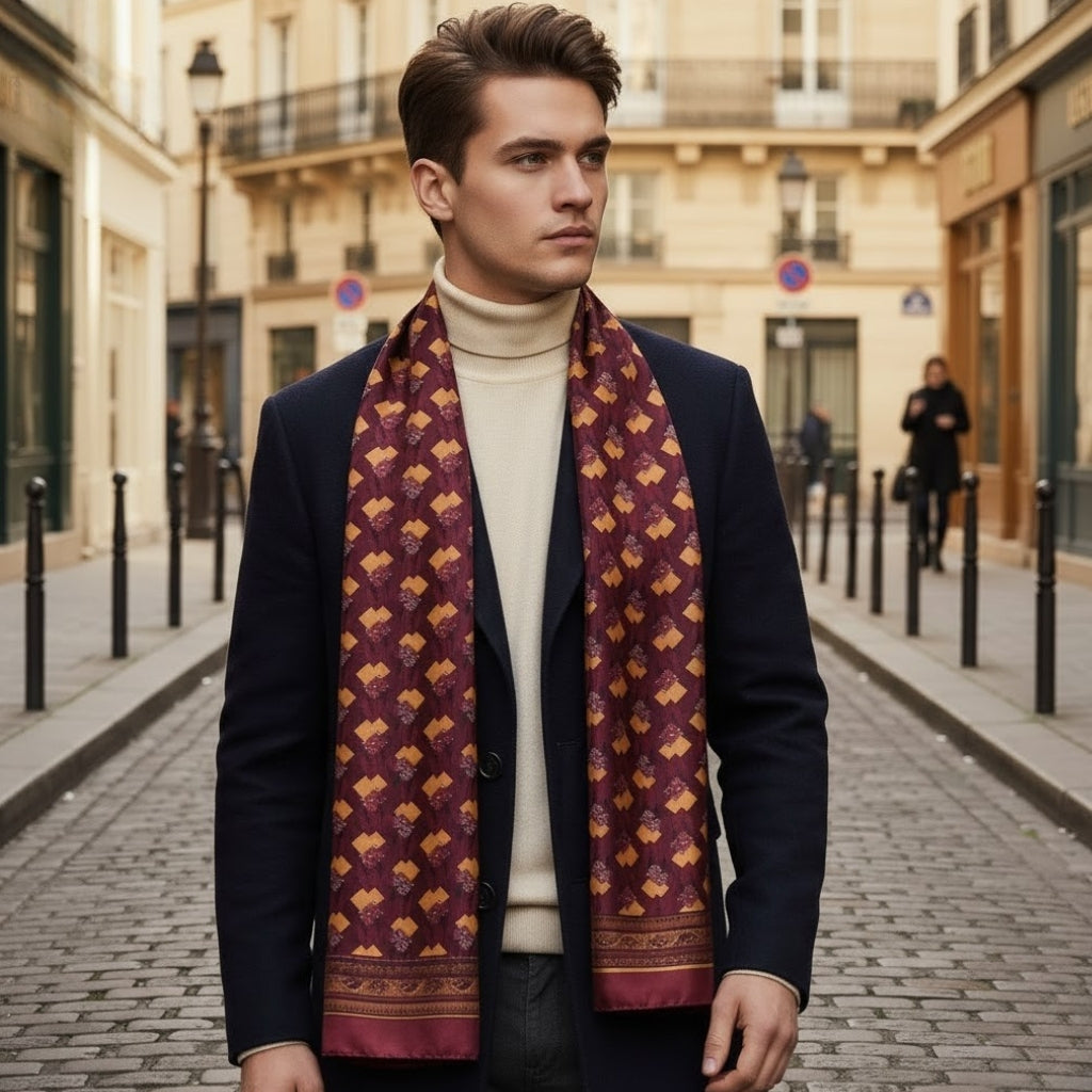 Foulard de Cou en Soie pour Homme portée autour du cou - Bordeaux et Moutarde - Bleu et Jaune - Bordeaux et Ornementé - Navy et Or - Noir et Rouge - Bordeaux et Orné - Bleu Marine et Doré - Doré et Rouge - Noir à Pois - Navy et Rouge - Bleu et Orné - Marron et Or - Or et Noir - Noir Rouge et Vert - Gris et Bleu