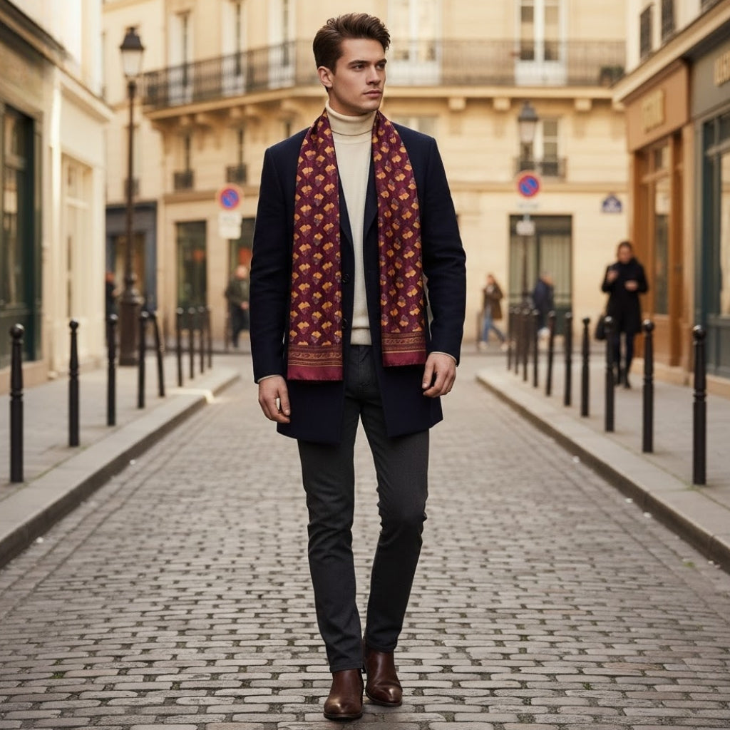 Foulard de Cou en Soie pour Homme portée dans la rue - Bordeaux et Moutarde - Bleu et Jaune - Bordeaux et Ornementé - Navy et Or - Noir et Rouge - Bordeaux et Orné - Bleu Marine et Doré - Doré et Rouge - Noir à Pois - Navy et Rouge - Bleu et Orné - Marron et Or - Or et Noir - Noir Rouge et Vert - Gris et Bleu