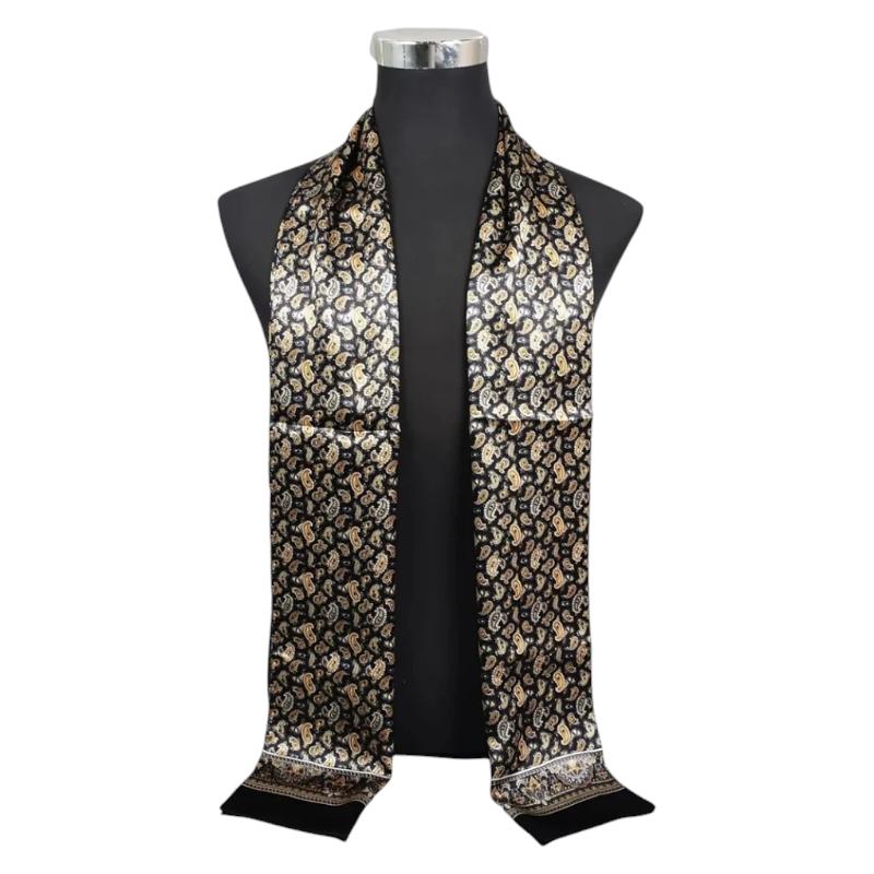 Echarpe Soie Homme à Motif Cachemire - Noir et Or - 160*26cm